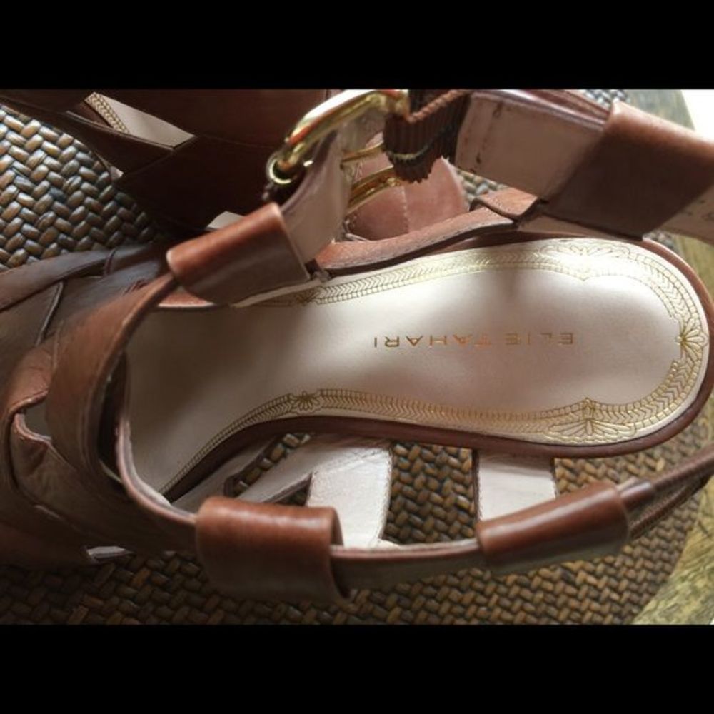 Ellie Tahari Brown Leather Peep Toe Sandals High Heels 9 1/2 - Picture 6 of 12